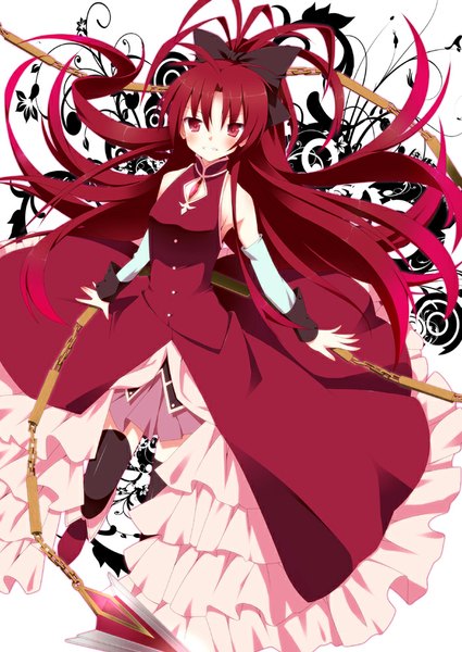 Anime picture 700x989 with mahou shoujo madoka magica shaft (studio) sakura kyouko kurono yuzuko single long hair tall image blush fringe red eyes bare shoulders ponytail red hair from above grin magical girl girl thighhighs bow weapon