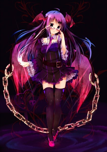 Anime picture 1000x1414 with touhou koakuma nironiro single long hair tall image blush pink hair ahoge pink eyes :o head wings demon wings girl thighhighs dress black thighhighs wings glasses frills