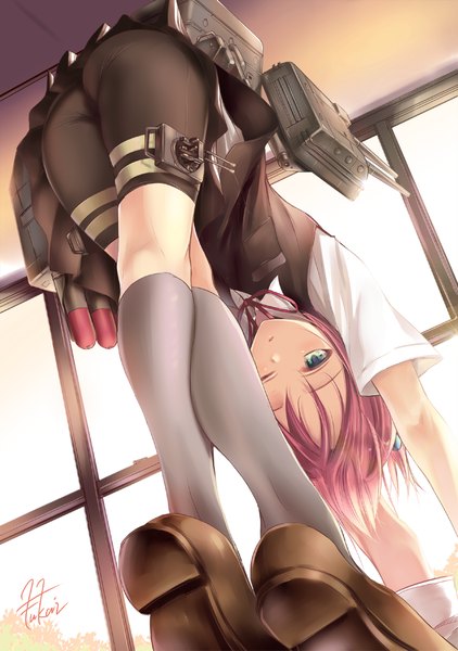 Anime picture 880x1250 with kantai collection shiranui destroyer fukai ryosuke single tall image looking at viewer short hair light erotic green eyes signed pink hair ass one eye closed wink legs girl gloves ribbon (ribbons) weapon white gloves