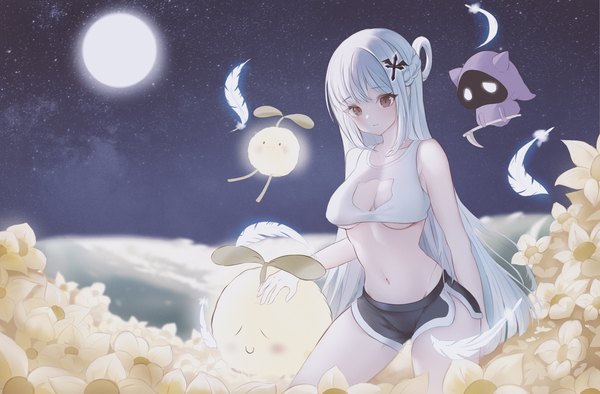 Anime picture 6000x3937 with maplestory zeka massi single long hair looking at viewer fringe highres breasts light erotic bare shoulders brown eyes payot absurdres outdoors white hair blunt bangs light smile night bare belly night sky