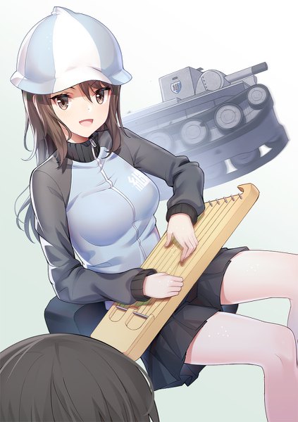 Anime picture 847x1200 with girls und panzer mika (girls und panzer) ririko (zhuoyandesailaer) long hair tall image looking at viewer blush fringe breasts open mouth black hair simple background smile brown hair white background sitting multiple girls holding brown eyes long sleeves