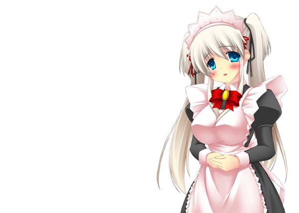 Anime picture 1400x1000 with mabinogi nao (mabinogi) single long hair blush blue eyes simple background white background twintails white hair maid girl apron