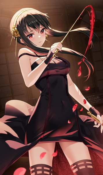 Anime picture 1000x1689 with spy x family yor briar rosuuri single long hair tall image looking at viewer blush fringe breasts black hair hair between eyes red eyes standing bare shoulders holding signed payot nail polish arm up