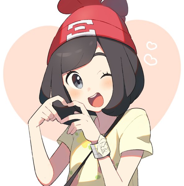 Anime picture 970x980 with pokemon pokemon sm nintendo selene (pokemon) unapoppo single tall image looking at viewer blush short hair open mouth black hair upper body one eye closed wink teeth grey eyes heart hands girl heart