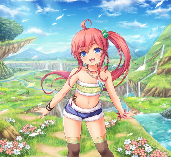 Anime picture 1200x1101 with original tiphereth single long hair looking at viewer fringe open mouth blue eyes light erotic smile bare shoulders sky cloud (clouds) ahoge outdoors red hair braid (braids) :d leaning leaning forward