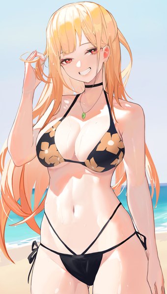 Anime-Bild 2815x4961 mit sono bisque doll wa koi wo suru cloverworks kitagawa marin shenqi de (9) single long hair tall image looking at viewer highres breasts light erotic blonde hair smile red eyes large breasts beach grin playing with hair girl navel