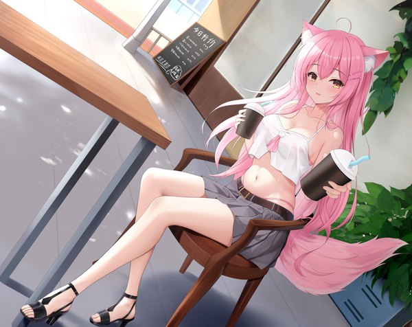 Anime picture 3000x2381 with original shenqi (toid310) single long hair looking at viewer blush highres open mouth light erotic smile sitting bare shoulders holding animal ears yellow eyes pink hair cleavage ahoge bent knee (knees) indoors