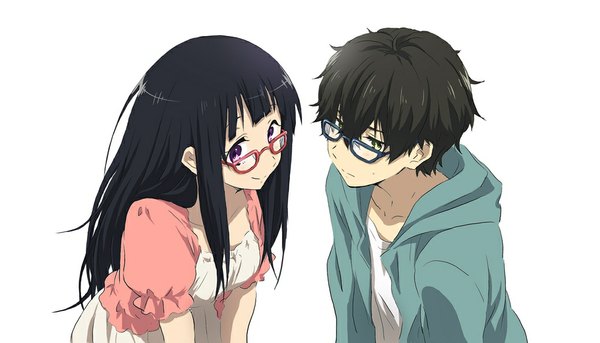 Anime picture 1000x572 with hyouka kyoto animation chitanda eru oreki houtarou akemi (akemi18) long hair short hair black hair simple background smile wide image white background purple eyes green eyes couple casual bespectacled girl dress boy