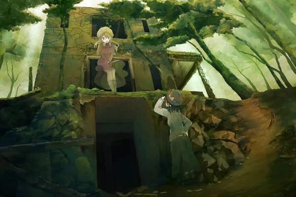 Anime picture 2000x1333 with touhou usami renko maribel hearn tokoroten (hmmuk) long hair highres blonde hair brown hair standing multiple girls long sleeves wind covering ruins nature wind lift covering crotch overgrown real world location kyoto