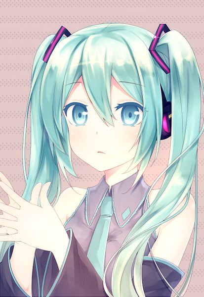 Anime picture 996x1445 with vocaloid hatsune miku tadano tsukasa single long hair tall image looking at viewer blush fringe twintails aqua eyes aqua hair portrait hands clasped striped background girl detached sleeves necktie headphones