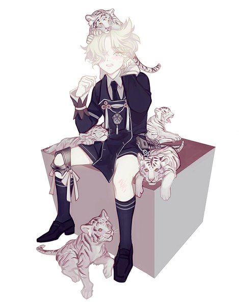 Anime picture 700x894 with touken ranbu nitroplus gokotai gokotai's tigers ginmu tall image looking at viewer blush fringe short hair open mouth simple background blonde hair white background sitting yellow eyes full body hair over one eye crying animal on head