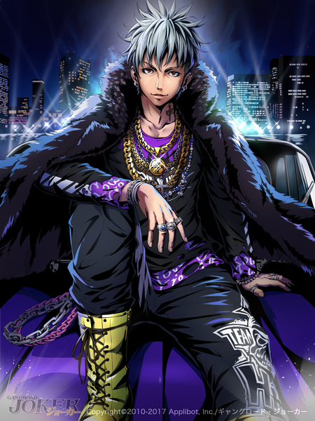 Anime picture 1000x1333 with joker ~gang road~ sakiyamama single tall image looking at viewer fringe short hair open mouth hair between eyes sitting brown eyes silver hair fingernails light smile night arm support sparkle tattoo night sky copyright name