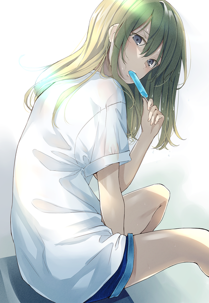 Anime picture 1200x1736 with original dabadhi single long hair tall image fringe hair between eyes sitting looking away green hair short sleeves grey eyes girl food shorts sweets ice cream popsicle