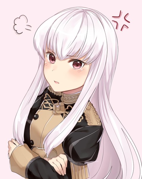 Anime picture 944x1187 with fire emblem fire emblem: three houses nintendo lysithea von ordelia haru (nakajou-28) single long hair tall image looking at viewer blush fringe open mouth simple background payot upper body white hair long sleeves pink eyes crossed arms pink background