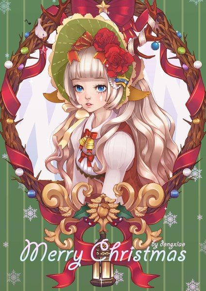Anime picture 2480x3508 with original dong xiao single long hair tall image blush fringe highres open mouth blue eyes blonde hair animal ears hair flower horn (horns) inscription teeth christmas wavy hair striped face paint