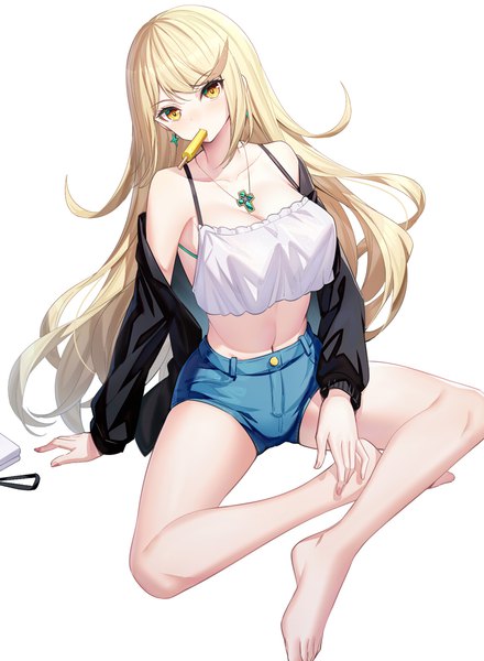 Anime picture 900x1227 with xenoblade xenoblade 2 mythra (xenoblade) ririko (zhuoyandesailaer) single long hair tall image looking at viewer fringe breasts light erotic simple background blonde hair white background sitting holding yellow eyes bent knee (knees) head tilt barefoot