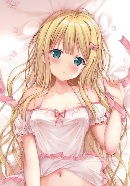 Anime picture 1186x1693 with original inagaki minami sousouman single long hair tall image looking at viewer blush fringe breasts light erotic blonde hair bare shoulders upper body ahoge lying nail polish parted lips head tilt aqua eyes