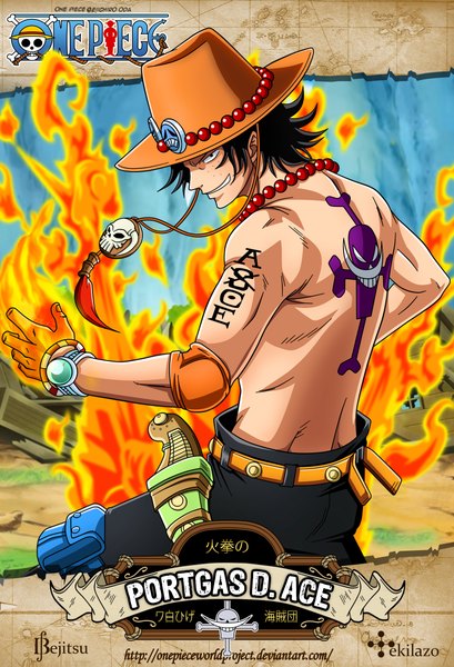 Anime picture 1537x2252 with one piece toei animation one piece world project portgas d. ace bejitsu tekilazo300 single tall image looking at viewer short hair black hair smile black eyes inscription tattoo character names freckles boy hat bracelet