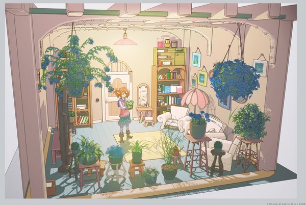 Anime picture 2000x1341 with original arsenixc single fringe highres short hair standing holding pointy ears orange hair shadow border girl skirt flower (flowers) plant (plants) boots book (books) chair couch