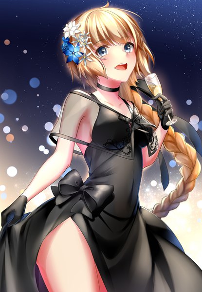 Anime picture 900x1300 with fate (series) fate/grand order fate/apocrypha jeanne d'arc (fate) (all) jeanne d'arc (formal dress) (fate) rukinya (nyanko mogumogu) single long hair tall image looking at viewer blush fringe breasts open mouth blue eyes blonde hair hair between eyes standing holding ahoge