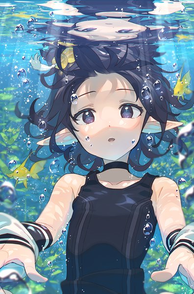 Anime picture 1056x1600 with original mano (narumi arata) narumi arata single tall image looking at viewer fringe short hair open mouth black hair upper body head tilt pointy ears black eyes sunlight blurry :o reflection underwater girl
