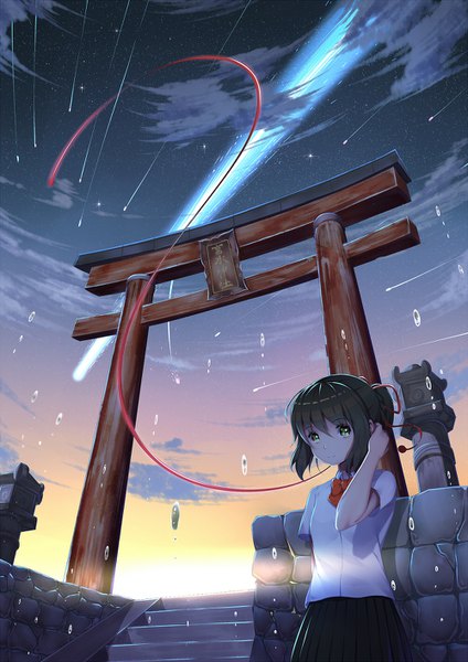 Anime picture 1000x1414 with kimi no na wa miyamizu mitsuha kr (sapphire) tall image looking at viewer fringe short hair black hair smile hair between eyes green eyes sky cloud (clouds) pleated skirt sunlight night sparkle short sleeves night sky hieroglyph