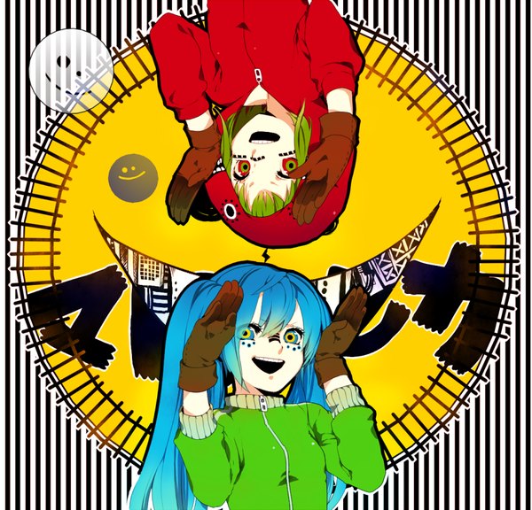 Anime picture 826x793 with vocaloid matryoshka (vocaloid) hatsune miku gumi momoshiki tsubaki long hair looking at viewer fringe short hair open mouth blue eyes hair between eyes red eyes twintails multiple girls blue hair green hair upside down multicolored eyes face paint