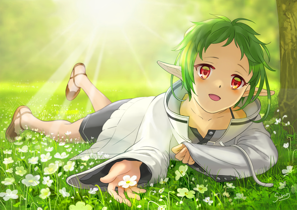 Anime picture 1200x849 with mushoku tensei studio bind sylphiette (mushoku tensei) sabcoo single looking at viewer blush fringe short hair open mouth smile red eyes signed full body bent knee (knees) outdoors lying :d green hair pointy ears