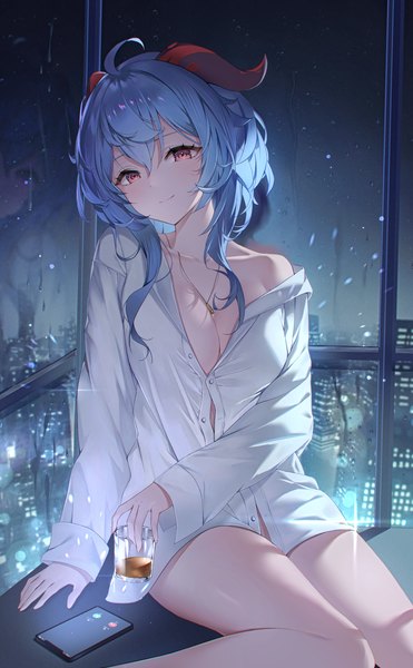 Anime picture 2172x3513 with genshin impact ganyu (genshin impact) lel single long hair tall image looking at viewer fringe highres breasts light erotic hair between eyes red eyes large breasts sitting blue hair long sleeves horn (horns) light smile off shoulder
