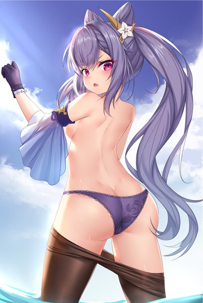 Anime picture 1347x2009 with genshin impact keqing (genshin impact) gala (16901040) single long hair tall image looking at viewer blush fringe breasts open mouth light erotic hair between eyes standing twintails payot sky purple hair cloud (clouds) outdoors