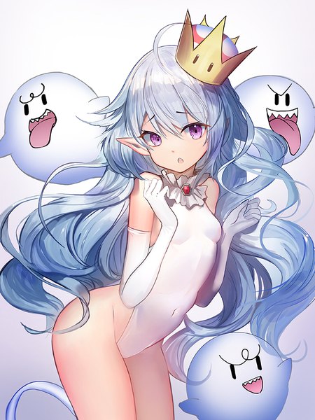 Anime picture 700x934 with super mario bros. new super mario bros. u deluxe princess king boo boo (mario) fuyouchu single long hair tall image looking at viewer fringe open mouth light erotic simple background hair between eyes standing purple eyes bare shoulders silver hair ahoge pointy ears
