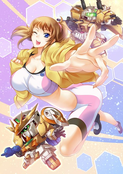 Anime picture 823x1165 with mobile suit gundam gundam build fighters sunrise (studio) hoshino fumina haganef single long hair tall image looking at viewer blush fringe breasts open mouth blue eyes light erotic smile brown hair large breasts one eye closed wink