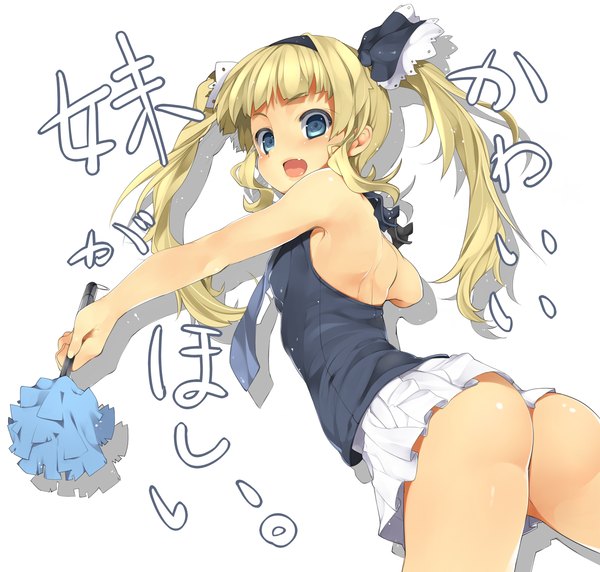 Anime picture 2085x1990 with original nishikou meri (artist) single long hair looking at viewer blush highres open mouth blue eyes light erotic blonde hair simple background white background twintails bare shoulders holding ass pleated skirt teeth shadow
