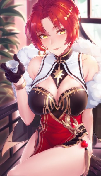Anime picture 1080x1875 with honkai impact 3rd benghuai xueyuan honkai (series) murata himeko iandrea single tall image looking at viewer blush fringe short hair breasts open mouth light erotic large breasts sitting holding yellow eyes cleavage bent knee (knees)