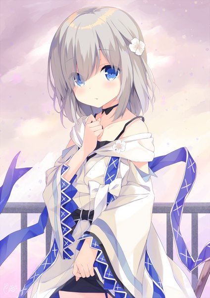 Anime picture 800x1131 with mahou shoujo madoka magica magia record: mahou shoujo madoka magica gaiden shaft (studio) isuzu ren mimura zaja single tall image looking at viewer blush fringe short hair blue eyes standing sky silver hair hair flower hair over one eye off shoulder wide sleeves hand on chest