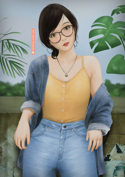 Anime picture 2480x3508 with real life ditta amelia saraswati jubi (regiana) single tall image looking at viewer highres short hair black hair signed sky parted lips head tilt black eyes off shoulder mole lipstick twisty sleeves denim girl