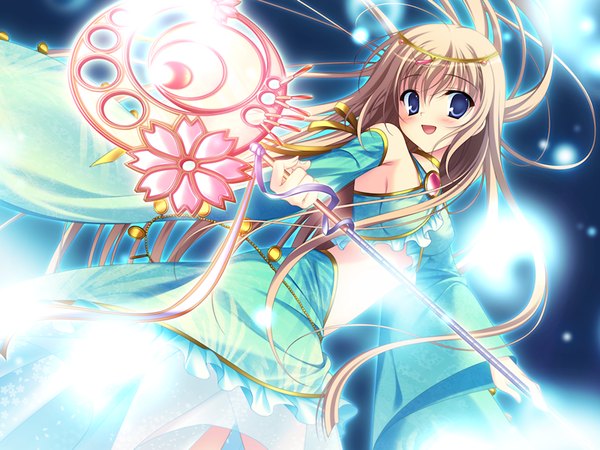 Anime picture 1200x900 with prismrhythm (game) single long hair looking at viewer blush open mouth blue eyes brown hair game cg girl dress hair ornament ribbon (ribbons) detached sleeves staff