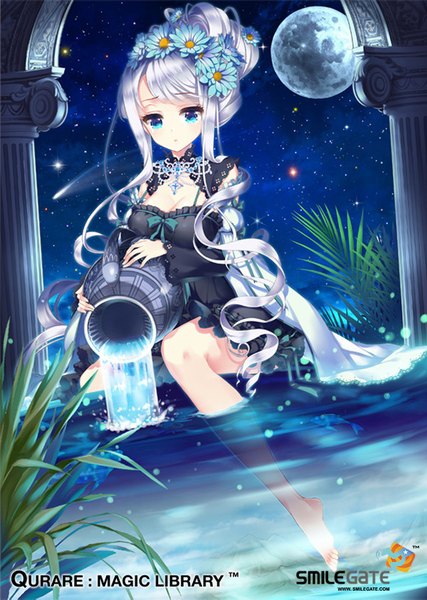 Anime picture 600x843 with qurare: magic library bobyeonggung e-nya single long hair tall image fringe breasts blue eyes sitting payot cleavage silver hair full body long sleeves parted lips barefoot hair flower night wide sleeves
