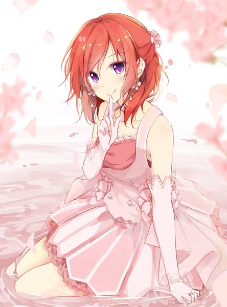 Anime picture 600x810 with love live! school idol project sunrise (studio) love live! nishikino maki kurottari single tall image looking at viewer blush fringe short hair simple background smile hair between eyes red eyes white background sitting purple eyes bare shoulders bent knee (knees)