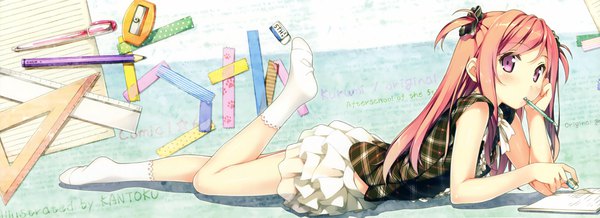 Anime picture 3000x1090 with original kurumi (kantoku) kantoku single long hair looking at viewer blush highres wide image purple eyes pink hair scan official art two side up girl skirt miniskirt socks white socks scrunchie