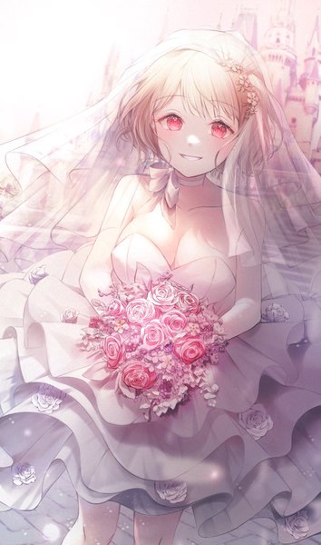 Anime picture 605x1024 with original iro (iro 252 ) single tall image looking at viewer fringe short hair breasts blonde hair smile red eyes large breasts standing holding cleavage parted lips frilled dress girl dress hair ornament