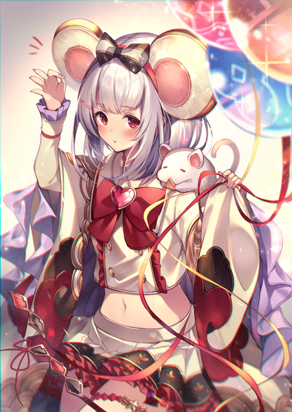 Anime picture 1062x1500 with granblue fantasy vikala (granblue fantasy) homaderi single tall image looking at viewer blush fringe short hair simple background red eyes standing animal ears silver hair blunt bangs pleated skirt arm up wide sleeves bare belly frilly skirt