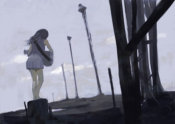 Anime picture 1157x818 with original nimirom single long hair black hair standing from behind cityscape girl sundress musical instrument guitar