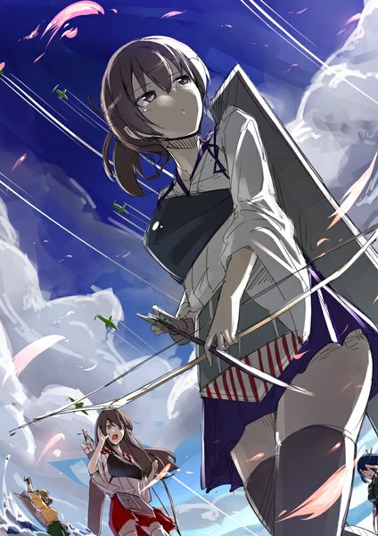 Anime picture 707x1000 with kantai collection kaga aircraft carrier akagi aircraft carrier souryuu aircraft carrier hiryuu aircraft carrier neropaso long hair tall image fringe short hair brown hair multiple girls brown eyes blue hair looking away sky cloud (clouds) ponytail traditional clothes pleated skirt