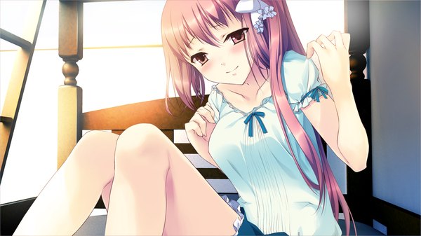 Anime picture 1280x720 with pocket ni koi o tsumete long hair blush smile brown hair wide image brown eyes game cg girl dress bow hair bow