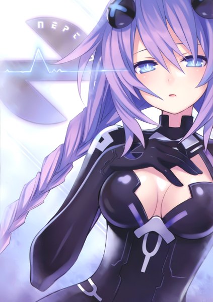 Anime picture 3528x4999 with choujigen game neptune purple heart long hair tall image looking at viewer fringe highres breasts open mouth blue eyes simple background large breasts absurdres cleavage purple hair braid (braids) official art twin braids girl hair ornament