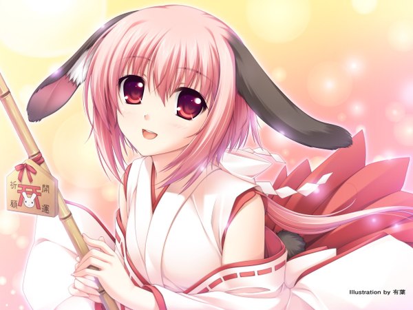 Anime picture 1280x960 with alpha (yukai na nakamatachi) red eyes animal ears pink hair japanese clothes