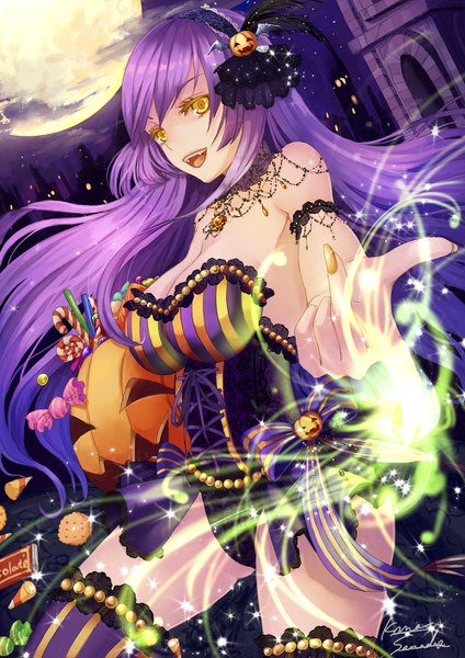 Anime picture 1000x1414 with original bichon168 single long hair tall image open mouth light erotic yellow eyes purple hair night magic halloween girl thighhighs dress food frills hairband sweets moon