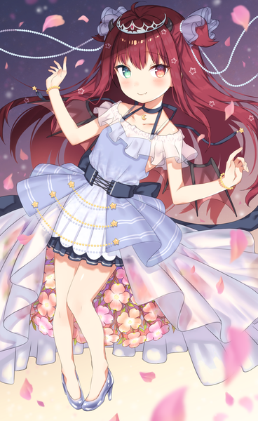 Anime picture 1080x1760 with virtual youtuber nijisanji yuzuki roa otou mamayo single long hair tall image looking at viewer blush smile full body red hair bare legs loli high heels two side up heterochromia girl dress flower (flowers)