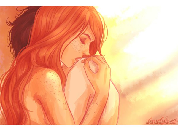 Anime picture 1492x1100 with harry potter harry potter (character) ginny weasley viria13 long hair short hair brown hair bare shoulders eyes closed profile sunlight orange hair couple hug freckles girl boy